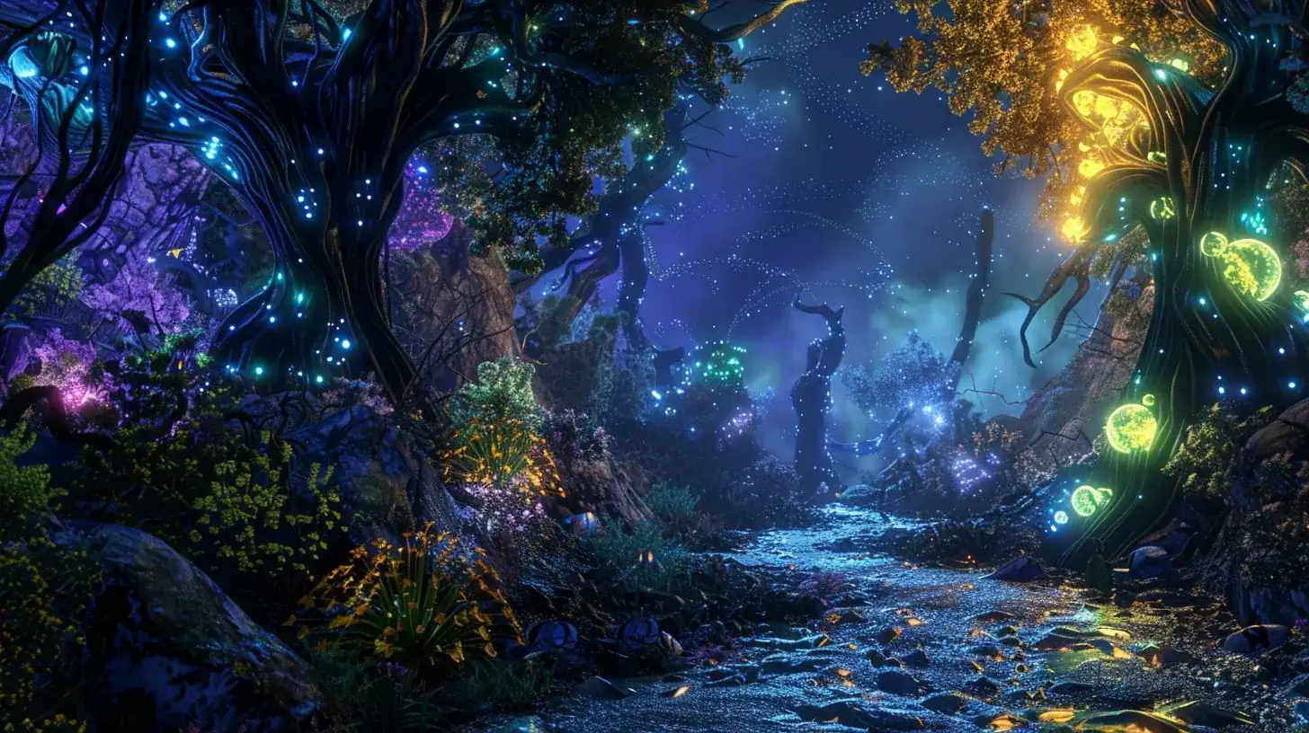 Dream-like vision of surreal glowing trees under starlit sky